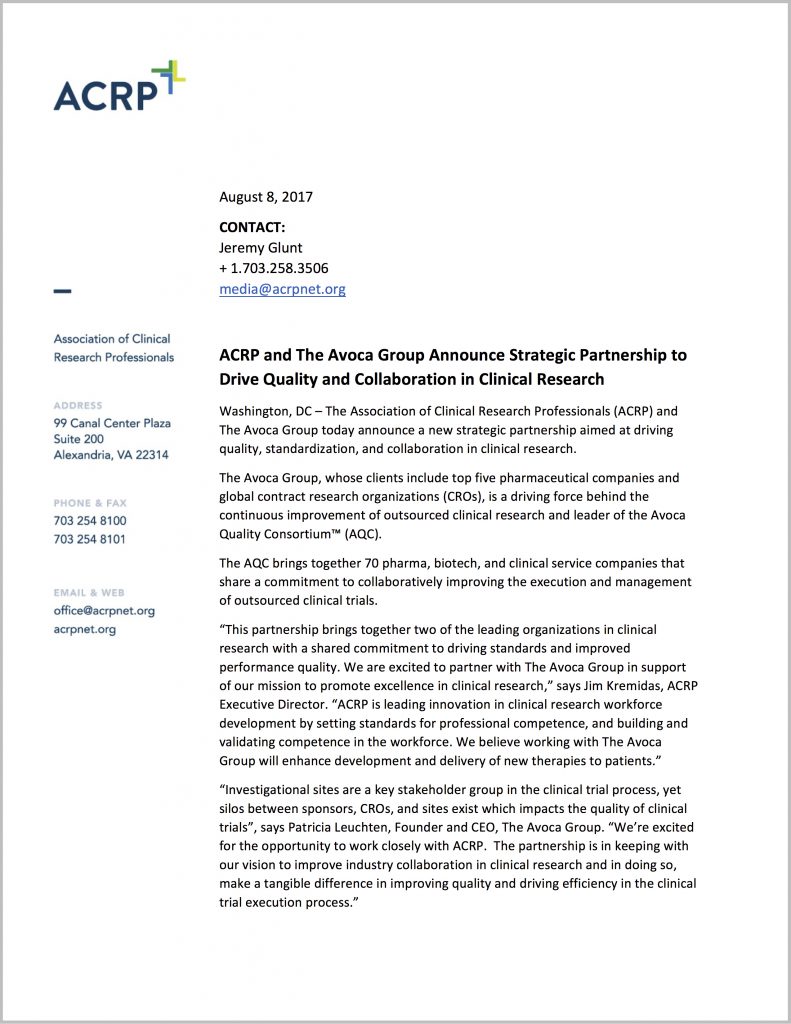 ACRP and The Avoca Group Announce Strategic Partnership to Drive Quality and Collaboration in