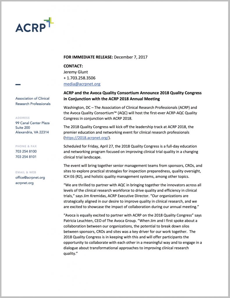 ACRP and the Avoca Quality Consortium Announce 2018 Quality Congress in Conjunction with the